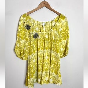 Anthropologie Edme&Esyllte Yellow Floral Print Short Sleeve Silk Beaded Top Sz 2